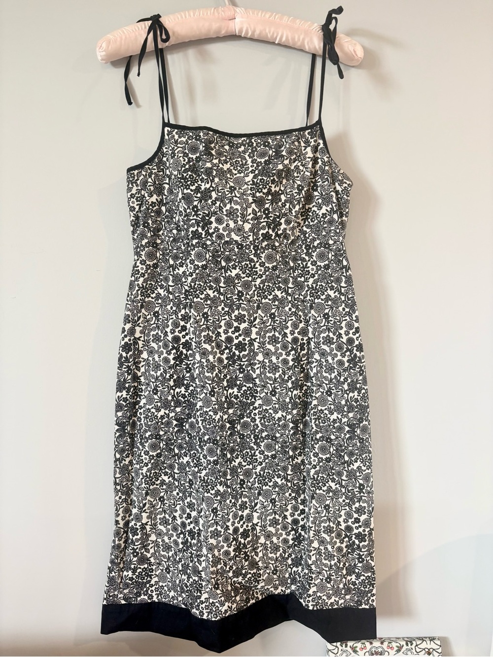 VINTAGE Sleeveless Babydoll Black and White Floral Midi Dress with Tie Straps